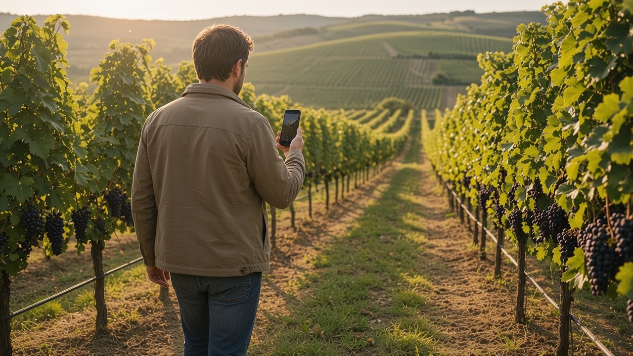 Une personne dans un rang de vigne, le téléphone levé vers les pieds.