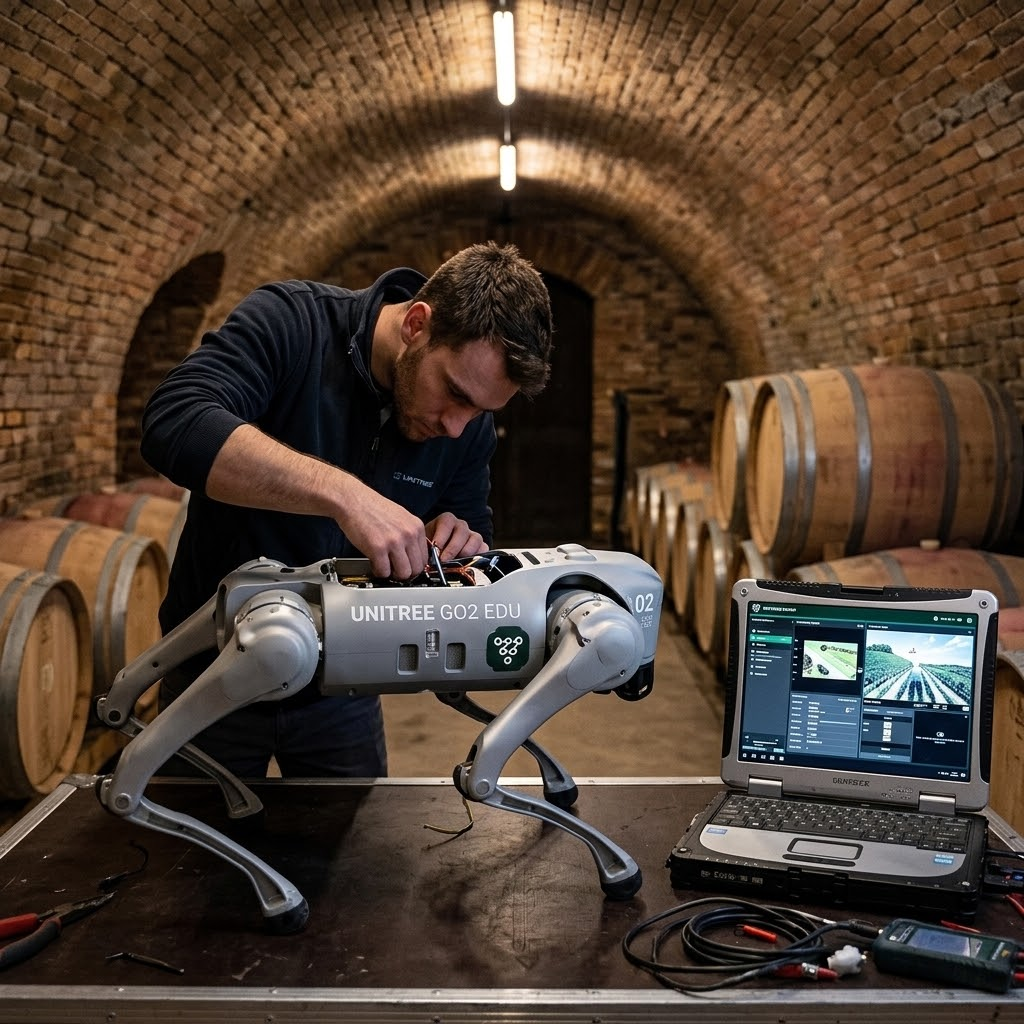 Une cave en pierre. Un Unitree Go2 EDU est dans la pièce, et une personne travaille sur un ordinateur posé sur une table en bois.