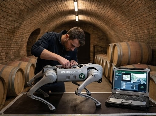 Un robot à quatre pattes dans les rangs, avec un Mini 4 Pro au-dessus.
